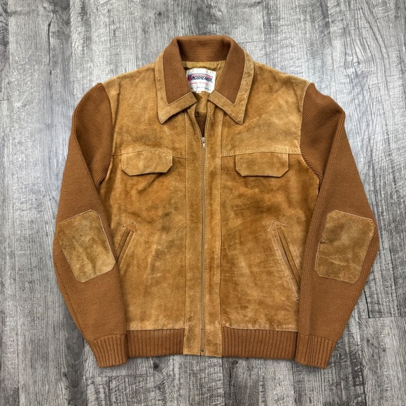 Vintage Windbreaker Cowhide Suede Western Knit Jacket 70s 80s - Picture 1 of 9